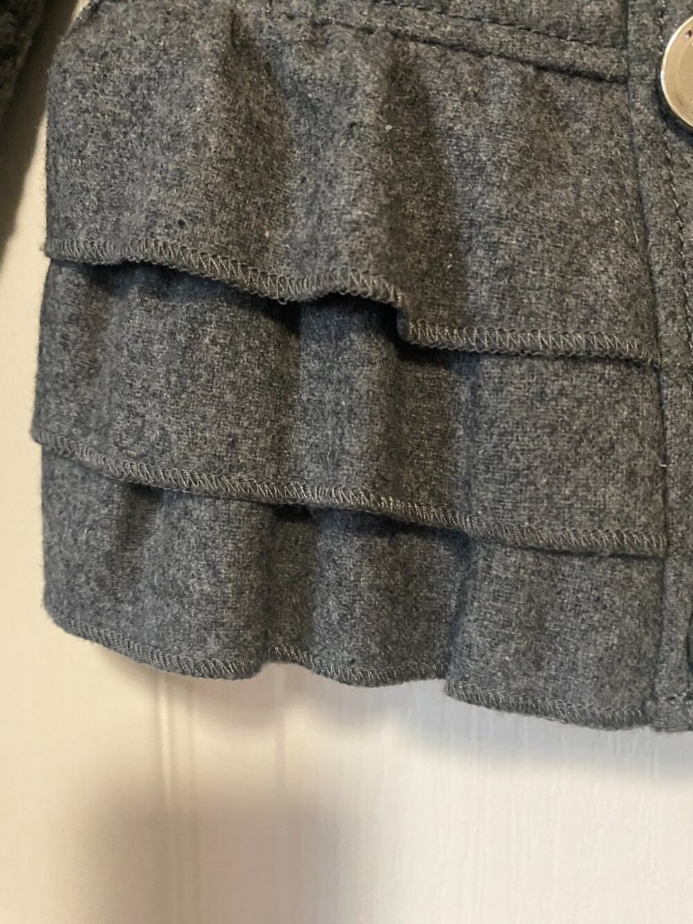 Vintage Express Gray Wool Double Breasted Military Ruffle Peplum Preppy Jacket - Picture 10 of 12